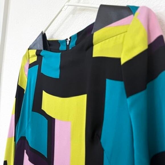 MILLY Silk Shift Dress Geo Print Leather Trim 3/4 Sleeve Multicolor Sz 2 - Picture 8 of 8